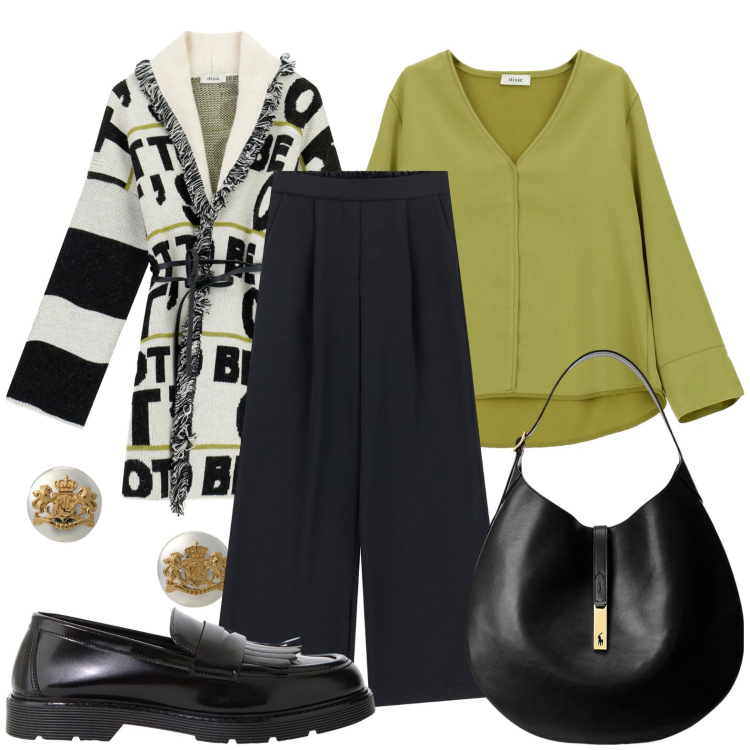 Outfit donna - Cardigan verde e lettere. Stile Casual per Tutti i giorni. Abbinamento con pantaloni a palazzo, mocassini, camicie, cardigans, borse a spalla, orecchini.