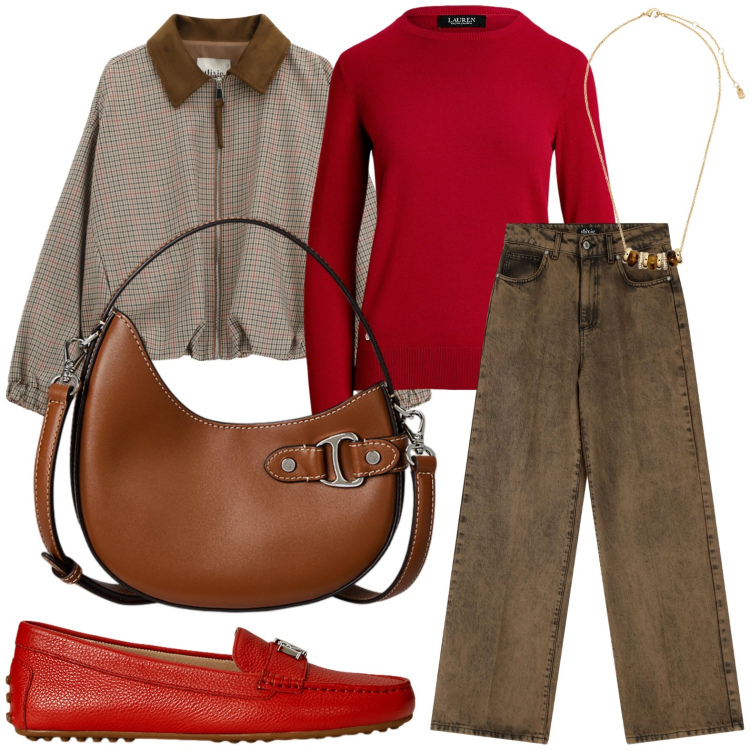 Outfit donna - Comoda al lavoro. Stile Trendy per Ufficio. Abbinamento con jeans, cappotti, collane, mocassini, borse a tracolla, maglieria.
