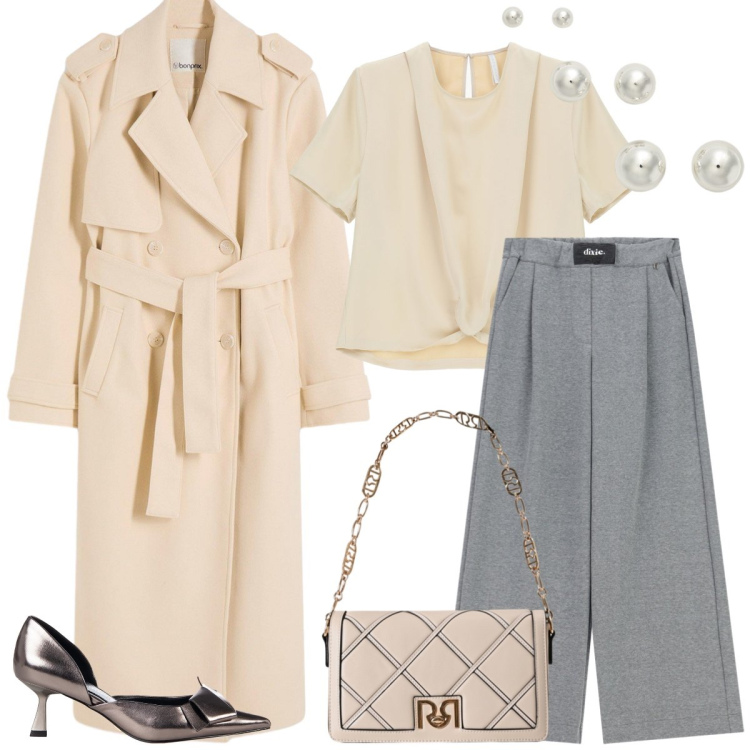 Outfit donna - In città. Stile Chic per Tutti i giorni. Abbinamento con trench, décolleté, borse a tracolla, bluse, pantaloni a palazzo, orecchini.