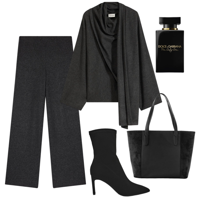 Outfit donna - Il maglione con la sciarpa. Stile Casual chic per Serata fuori. Abbinamento con shopping bag, maglieria, profumi, stivali, pantaloni.