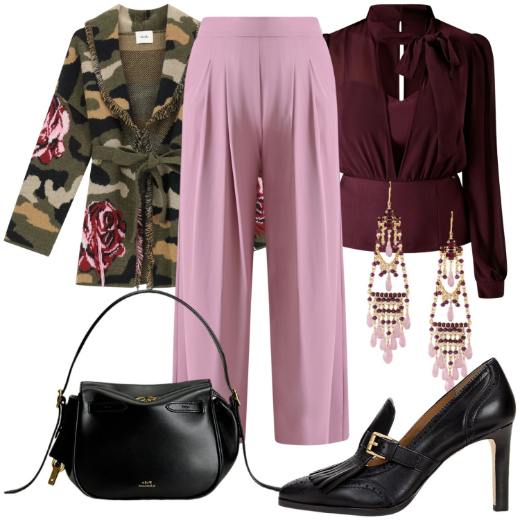 Outfit donna - Cardigan fiori e militare. Stile Glamour per Tutti i giorni. Abbinamento con pantaloni a palazzo, bluse, cardigans, décolleté, borse a mano, orecchini.