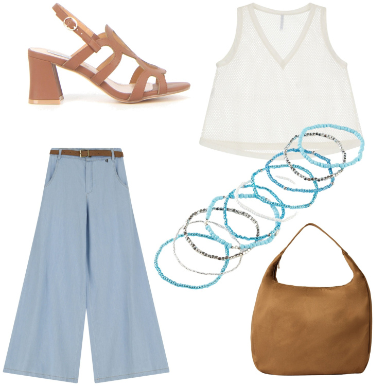 Outfit donna - Total look #2242106. Abbinamento con braccialetti, borse a mano, t-shirt, pantaloni a palazzo, sandali col tacco.