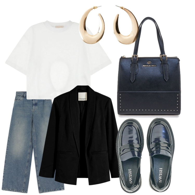 Outfit donna - Arriva l\'autunno. Stile Basic per Tutti i giorni. Abbinamento con orecchini, blazer, jeans, t-shirt, mocassini, borse a mano.