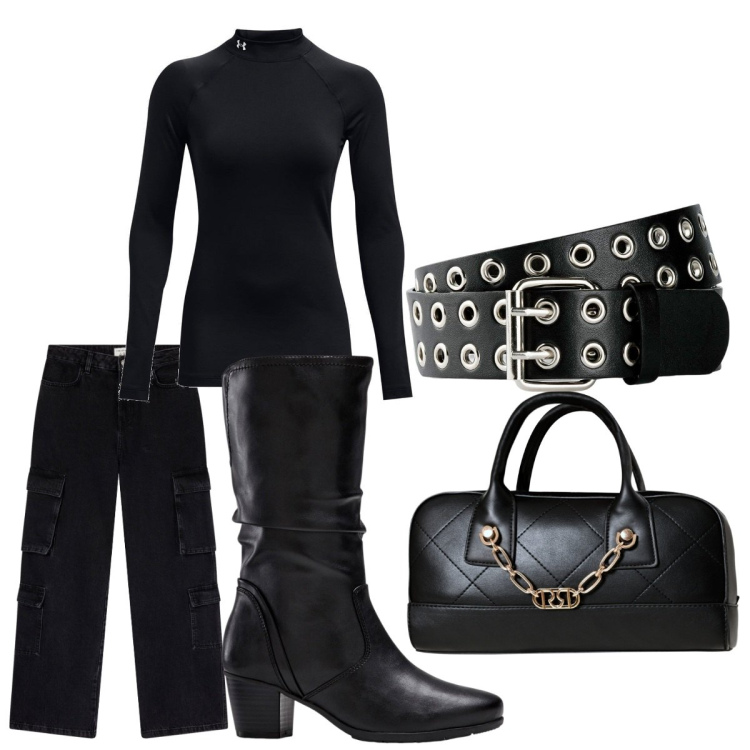 Outfit donna - Total black. Stile Urban per Tutti i giorni. Abbinamento con cinture, stivali, jeans, borse a mano, pullovers.