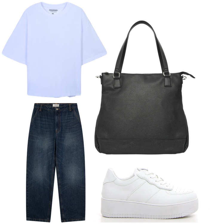 Outfit donna - Aperitivo. Stile Trendy per Tutti i giorni. Abbinamento con shopping bag, jeans, t-shirt, sneakers.
