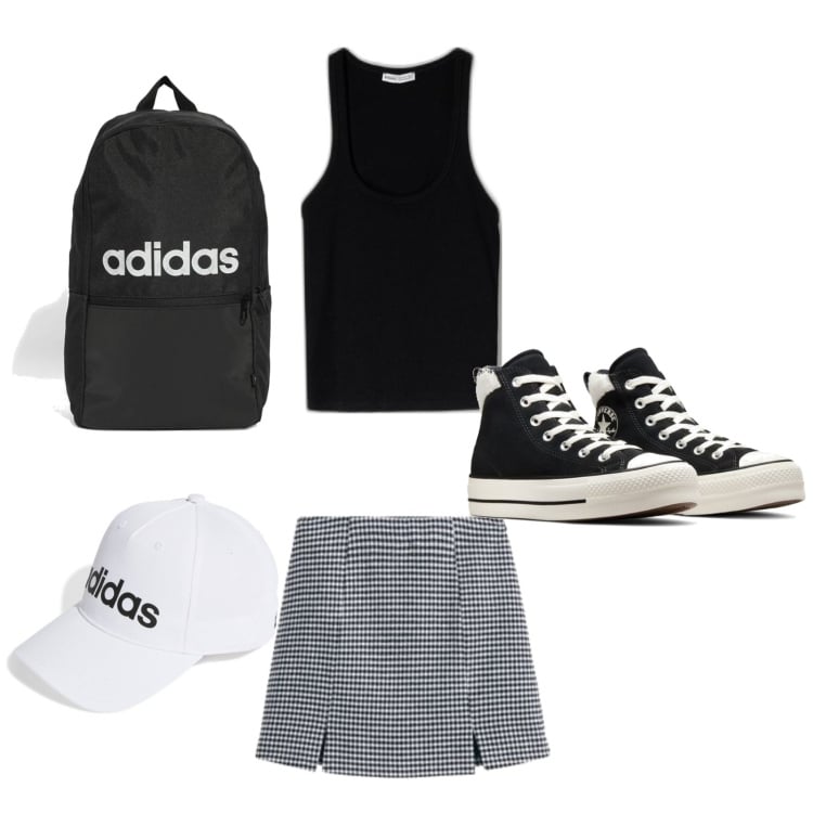 Outfit mujer - Cole.. Estilo Casual para Escuela/Universidad. Combinación con sombreros o gorros con visera, minifaldas, sneakers, camisetas sin mangas, mochilas.
