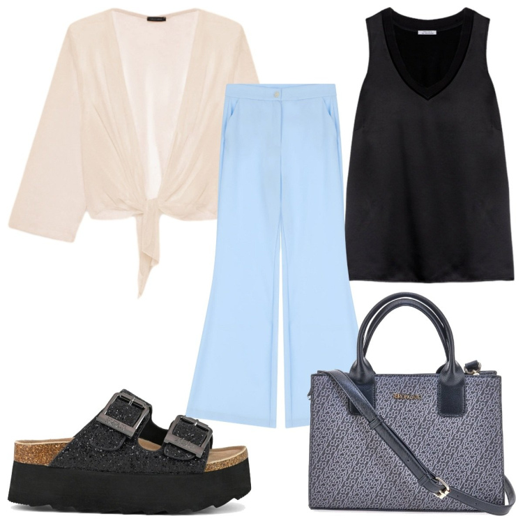 Outfit donna - Total look #2242135. Stile 70s per Tutti i giorni. Abbinamento con pantaloni, bolero, borse a tracolla, top, sandali.