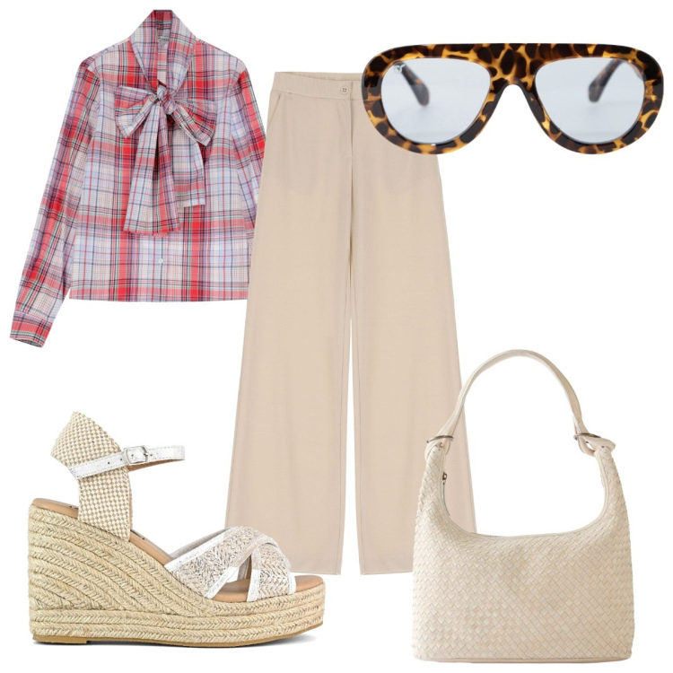 Outfit donna - Total look #2242140. Stile Trendy per Tutti i giorni. Abbinamento con shopping bag, camicie, occhiali da sole, pantaloni, zeppe.