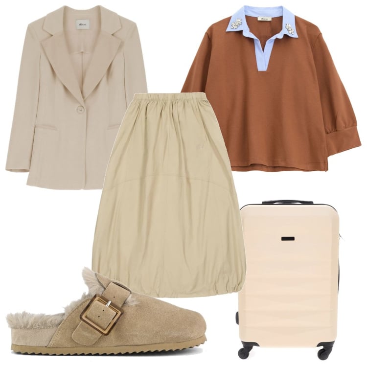 Outfit donna - Total look #2242144. Stile Trendy per Tutti i giorni. Abbinamento con gonne, felpe, blazer, sabot, valigie.