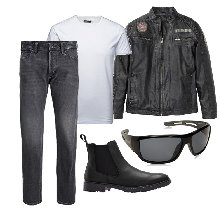 Outfit homme - Septembre. Style Biker Rock pour Tous les jours. Assortir avec bottes et bottines, manteaux, jeans, lunettes de soleil, t-shirts.