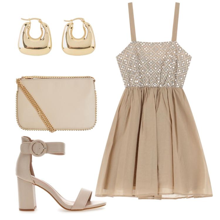 Outfit donna - Un evento musicale. Stile Glamour per Serata fuori. Abbinamento con orecchini, borse a tracolla, vestiti corti, sandali col tacco.