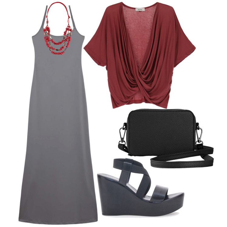 Outfit donna - Non fa caldo ma neanche freddo. Stile Minimal per Ufficio. Abbinamento con borse a tracolla, vestiti lunghi, t-shirt, collane, zeppe.