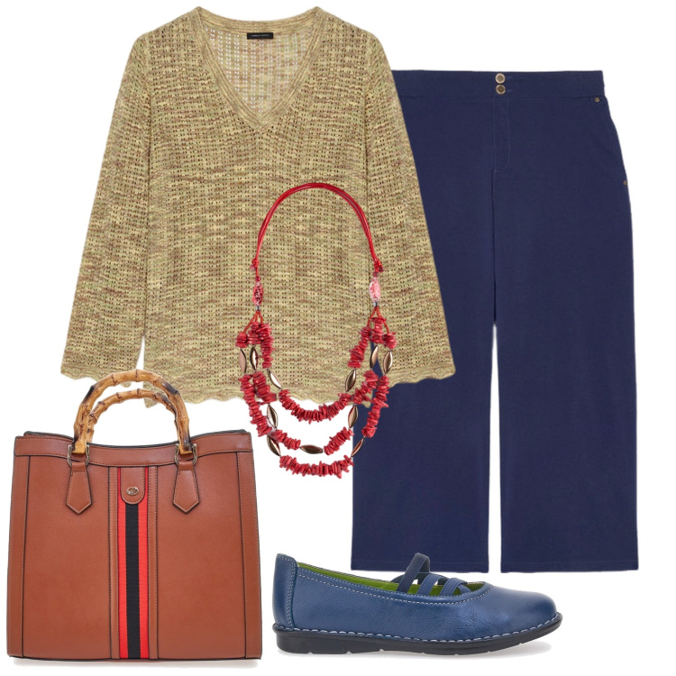 Outfit donna - Il maglioncino leggero. Stile Casual per Tutti i giorni. Abbinamento con borse a tracolla, maglieria, ballerine, collane, pantaloni.