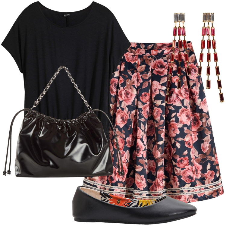 Outfit donna - Carina. Stile Romantica per Tutti i giorni. Abbinamento con ballerine, maglieria, orecchini, shopping bag, gonne.