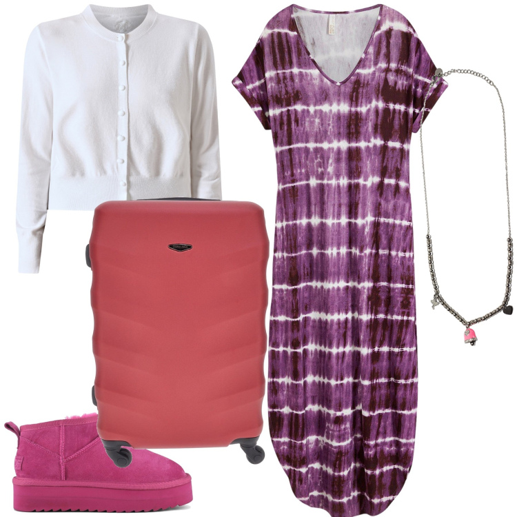 Outfit donna - Viaggetto di settembre. Stile Basic per Tutti i giorni. Abbinamento con vestiti lunghi, cardigans, ciondoli, stivaletti, valigie.