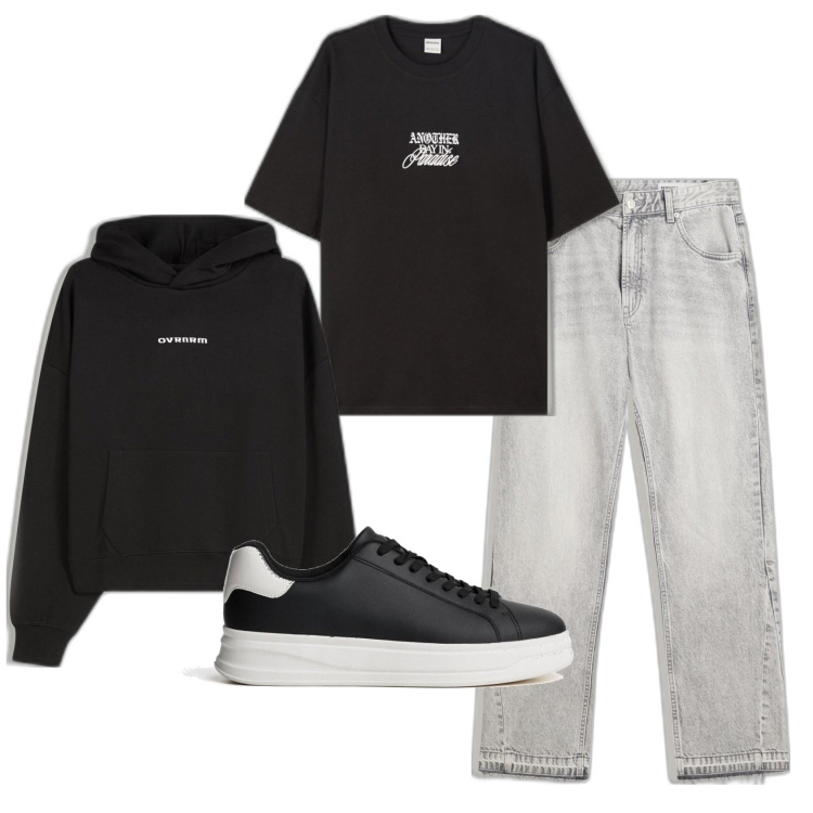 Outfit hombre - Casual look. Estilo Casual para Todos los días. Combinación con vaqueros rectos, camiseta, sudaderas con capucha, sneakers.
