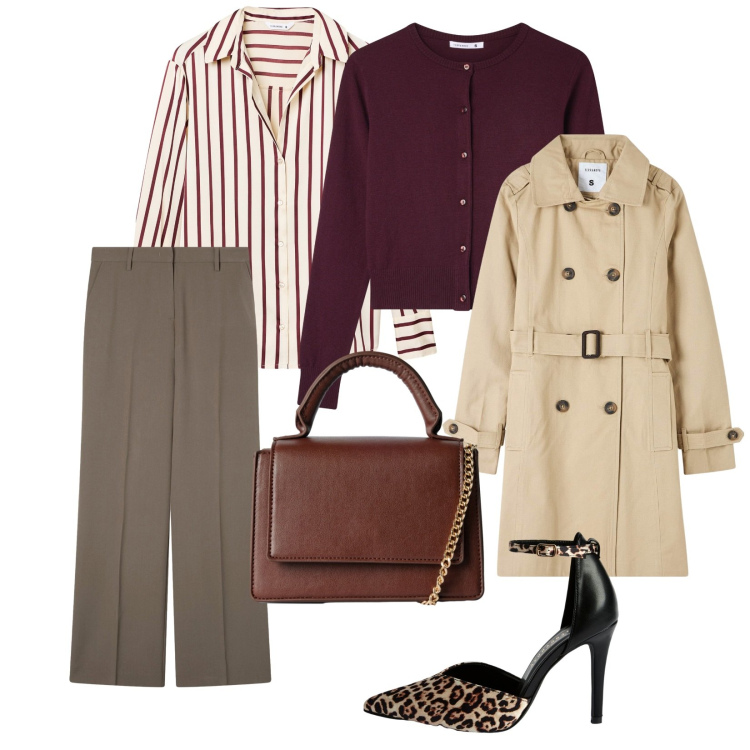 Outfit donna - Terranova. per Ufficio. Abbinamento con décolleté, trench, borse a tracolla, pantaloni a palazzo, camicie, cardigans.