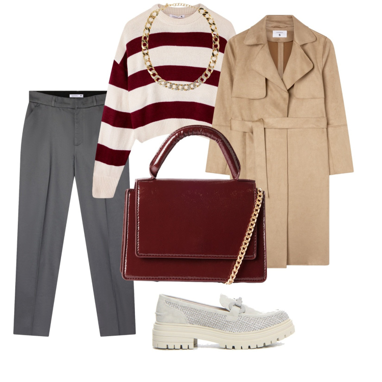 Outfit donna - Terranova. per Scuola/Università. Abbinamento con collane, borse a tracolla, pantaloni chino, maglieria, trench, mocassini.