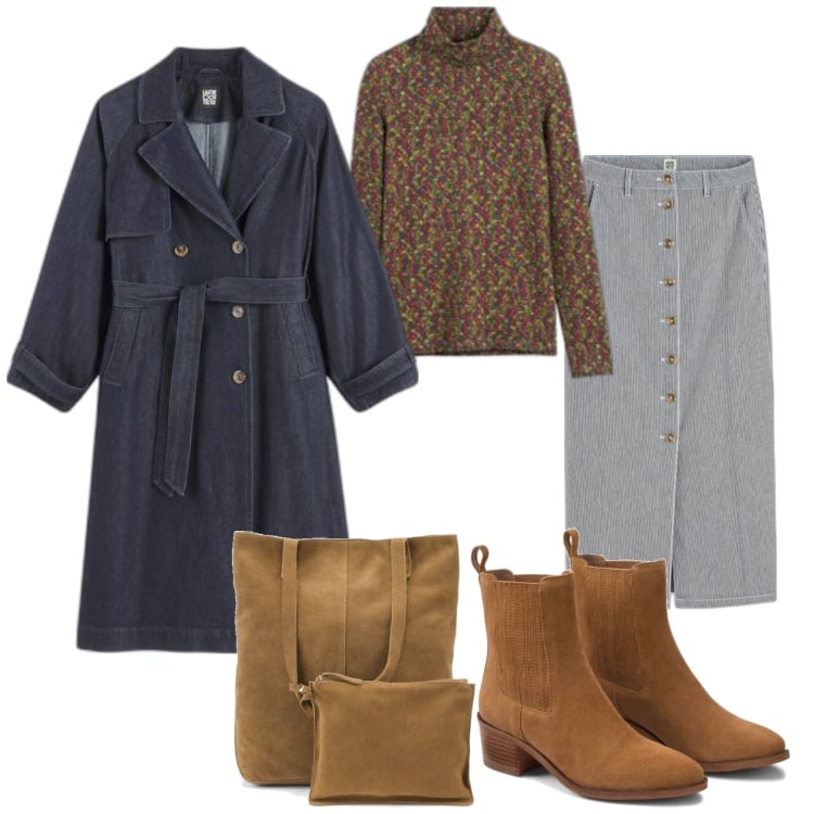 Outfit mujer - Casual #9959. Estilo Casual para Todos los días. Combinación con camiseta, botines, bolso tote, minifaldas, trench.