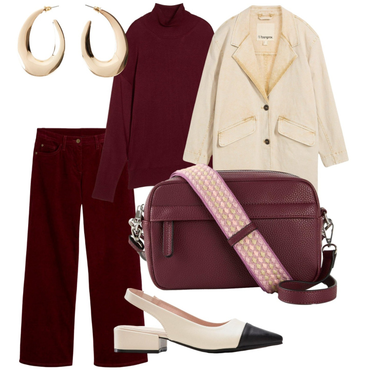 Outfit donna - Bonprix. per Tutti i giorni. Abbinamento con pantaloni, décolleté, orecchini, trench, borse a tracolla, maglieria.