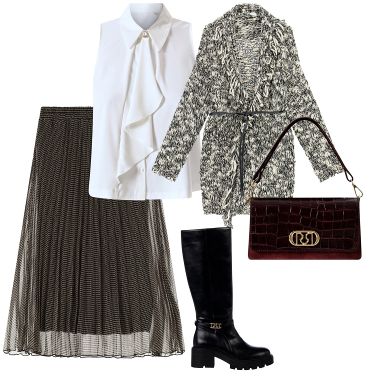 Outfit donna - Uscita con amici. per Serata fuori. Abbinamento con stivali sopra il ginocchio, camicie, borse a mano, cardigans, gonne lunghe.