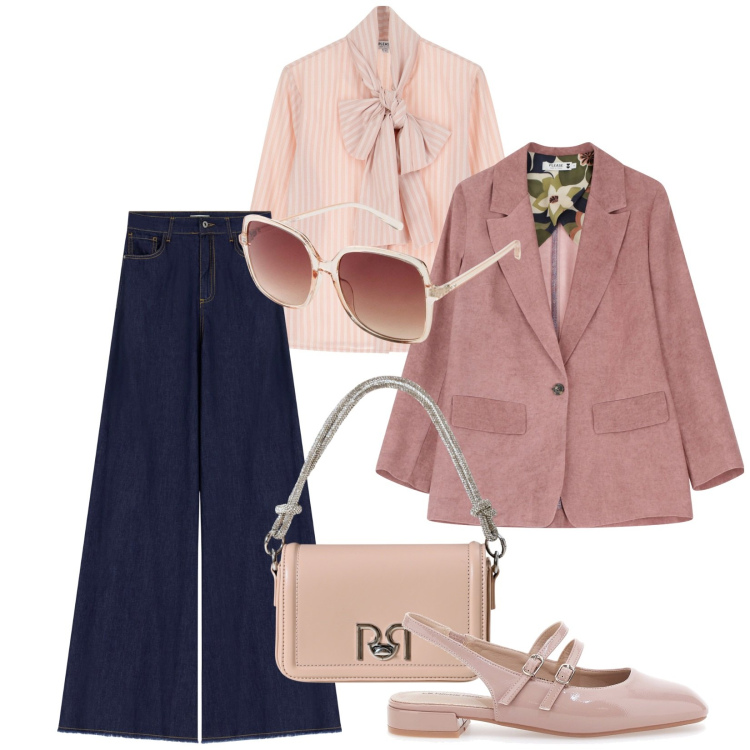 Outfit donna - Colori tenui. Stile Casual per Tutti i giorni. Abbinamento con occhiali da sole, borse a mano, blazer, camicie, jeans a zampa, ballerine.