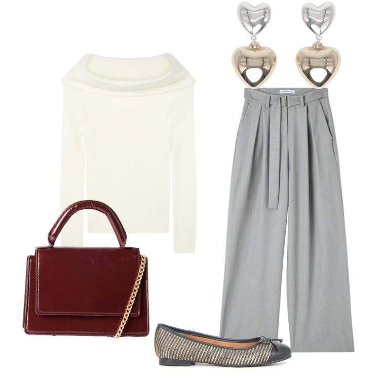 Outfit donna - Terranova per il ritorno in ufficio. Stile Minimal per Ufficio. Abbinamento con maglieria, orecchini, borse a tracolla, pantaloni, ballerine.
