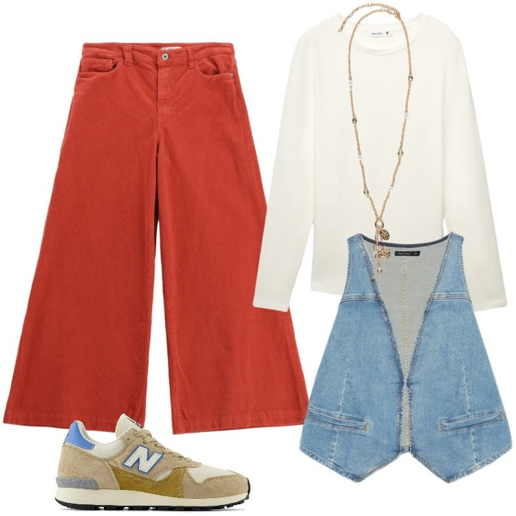 Outfit donna - Total look #2242258. Stile Boho per Ufficio. Abbinamento con t-shirt, sneakers, pantaloni, gilet, ciondoli.