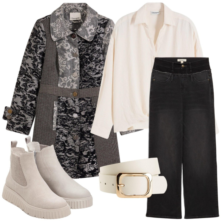 Outfit donna - Total look #2242283. Stile Casual chic per Tutti i giorni. Abbinamento con cappotti, stivaletti, jeans dritti, bluse, cinture.