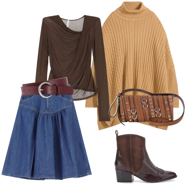 Outfit donna - Jeans d’autunno. Stile Casual per Tutti i giorni. Abbinamento con maglieria, cinture, borse a spalla, gonne longuette, bluse, stivaletti texani.