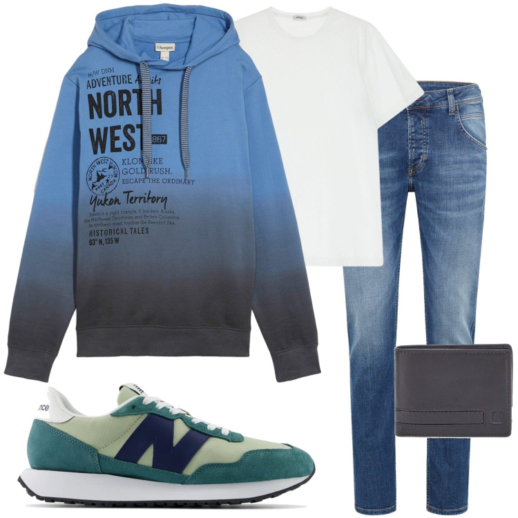 Outfit uomo - Tempo libero. Stile Casual per Tutti i giorni. Abbinamento con felpe con cappuccio, jeans dritti, sneakers, t-shirt, portafogli.