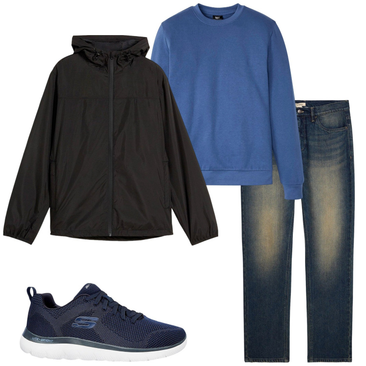 Outfit uomo - Giubbino anti pioggia. Stile Casual per Tutti i giorni. Abbinamento con sneakers, jeans dritti, felpe, giacche.