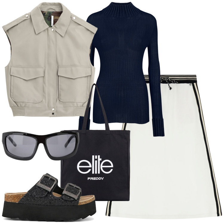 Outfit donna - Pomeriggio di shopping. Stile Urban per Tutti i giorni. Abbinamento con gilet, occhiali da sole, shopping bag, gonne longuette, maglieria, sandali.