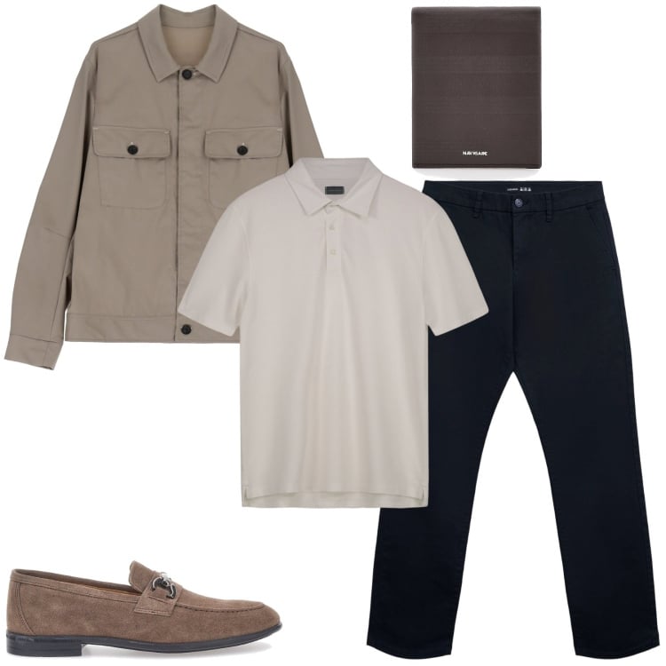 Outfit uomo - Pantaloni chino regular fit. Stile Casual per Ufficio. Abbinamento con pantaloni chino, giacche, portafogli, polo, scarpe stringate.
