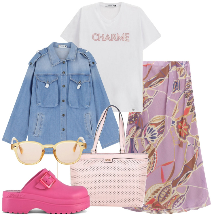 Outfit donna - Sabato pomeriggio di settembre. Stile Trendy per Tutti i giorni. Abbinamento con t-shirt, blazer, occhiali da sole, gonne lunghe, sandali, borse a spalla.