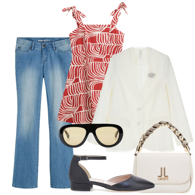 Outfit donna - Minidress sopra i jeans. Stile Urban per Tutti i giorni. Abbinamento con jeans bootcut, blazer, occhiali da sole, vestiti corti, ballerine, borse a tracolla.