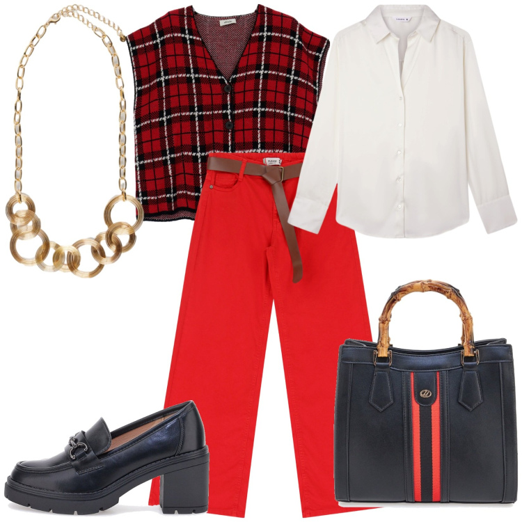 Outfit donna - Total look #2242314. Stile Casual per Ufficio. Abbinamento con camicie, pantaloni, gilet, borse a tracolla, collane, mocassini.