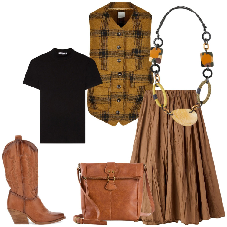 Outfit donna - Total look #2242317. Stile Casual per Tutti i giorni. Abbinamento con borse a tracolla, gonne lunghe, t-shirt, gilet, stivaletti, collane.