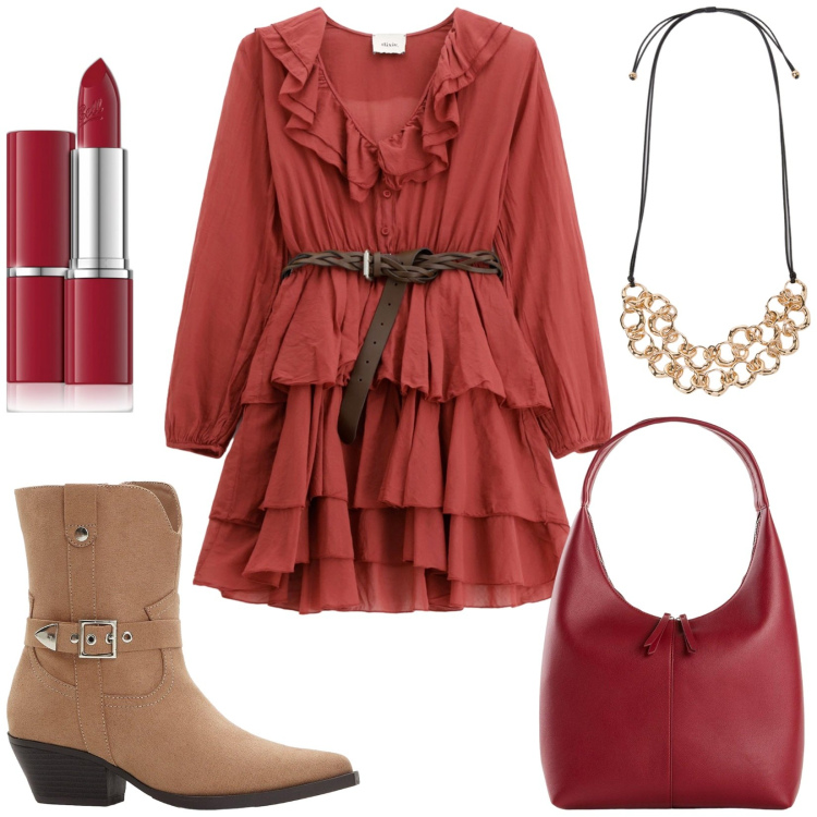 Outfit donna - Total look #2242320. Stile Casual chic per Tutti i giorni. Abbinamento con shopping bag, stivaletti texani, rossetti, vestiti corti, collane.