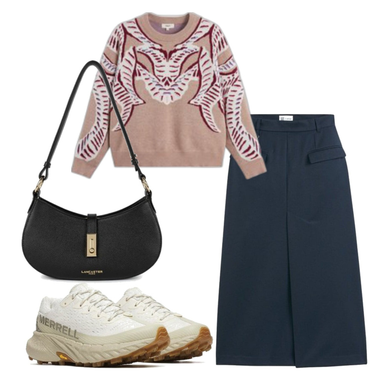 Outfit mujer - Urban style. Estilo Urban para Todos los días. Combinación con falda longuette, bandoleras, prendas de punto, sneakers.
