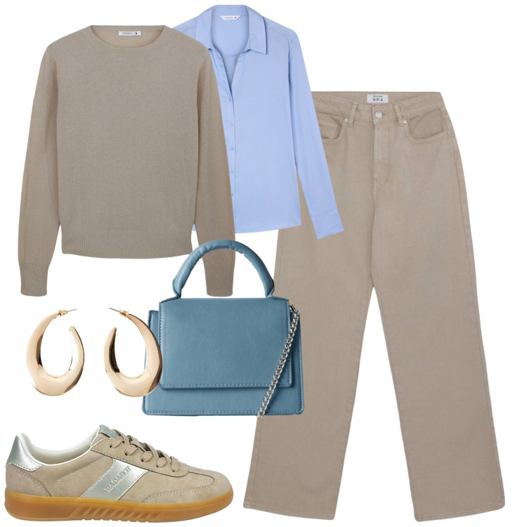 Outfit donna - Terranova fall. Stile Casual chic per Tutti i giorni. Abbinamento con orecchini, maglieria, camicie, borse a tracolla, pantaloni, sneakers.