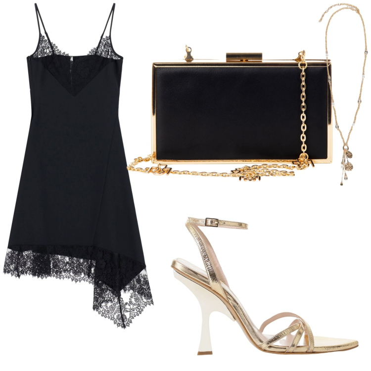 Outfit donna - L\'abito sottoveste. Stile Chic per Serata fuori. Abbinamento con pochette, vestiti asimmetrici, sandali col tacco, ciondoli.