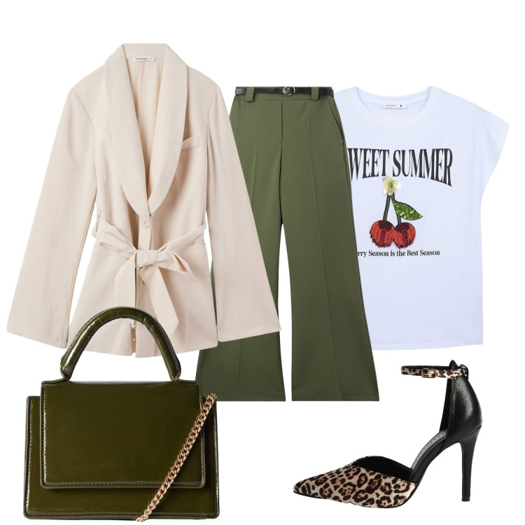 Outfit donna - Il blazer Terranova per i primi freddi. Stile Glamour per Tutti i giorni. Abbinamento con blazer, décolleté, pantaloni, borse a tracolla, t-shirt.