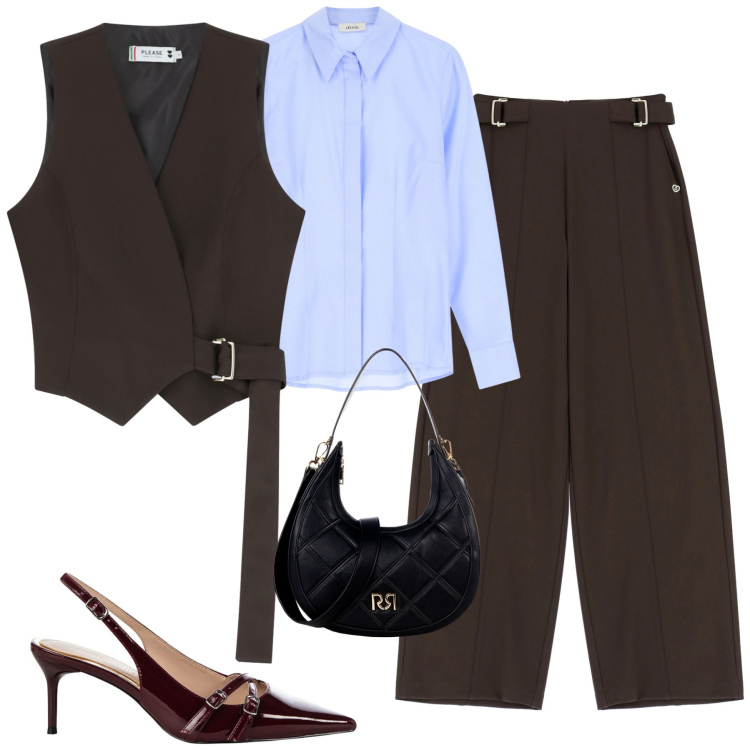 Outfit donna - Settembre. Stile Urban per Tutti i giorni. Abbinamento con borse a tracolla, décolleté, pantaloni a palazzo, gilet, camicie.
