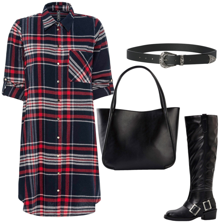 Outfit donna - Total look #2242349. Stile Glamour per Tutti i giorni. Abbinamento con vestiti chemisier, stivali sopra il ginocchio, shopping bag, cinture.