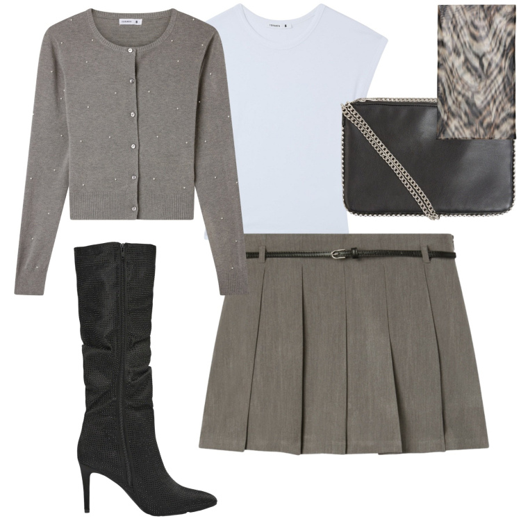 Outfit donna - Terranova style. Stile Urban per Tutti i giorni. Abbinamento con minigonne, borse a tracolla, t-shirt, stivali, cardigans, foulard.
