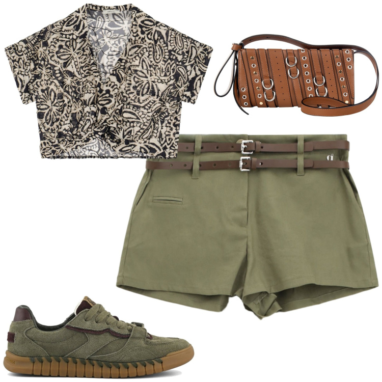 Outfit donna - Settembre. Stile Casual per Tutti i giorni. Abbinamento con borse a spalla, top, shorts, sneakers.