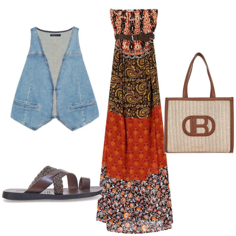 Outfit donna - In vacanza a settembre. Stile Etnico per Mare. Abbinamento con vestiti lunghi, borse a spalla, ciabatte, gilet.