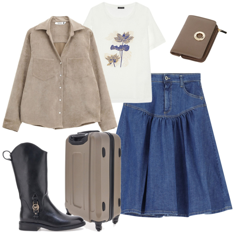 Outfit donna - Weekend. Stile Urban per Tutti i giorni. Abbinamento con gonne longuette, camicie, portafogli, stivaletti, t-shirt, valigie.