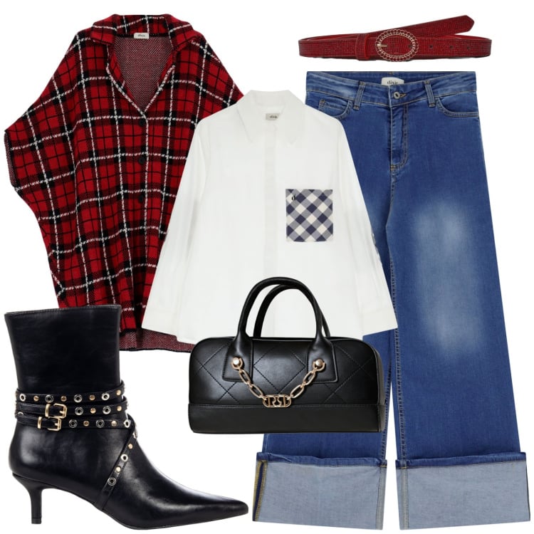 Outfit donna - Icona di stile. Stile Trendy per Ufficio. Abbinamento con cinture, stivaletti, borse a mano, trench, jeans dritti, camicie.